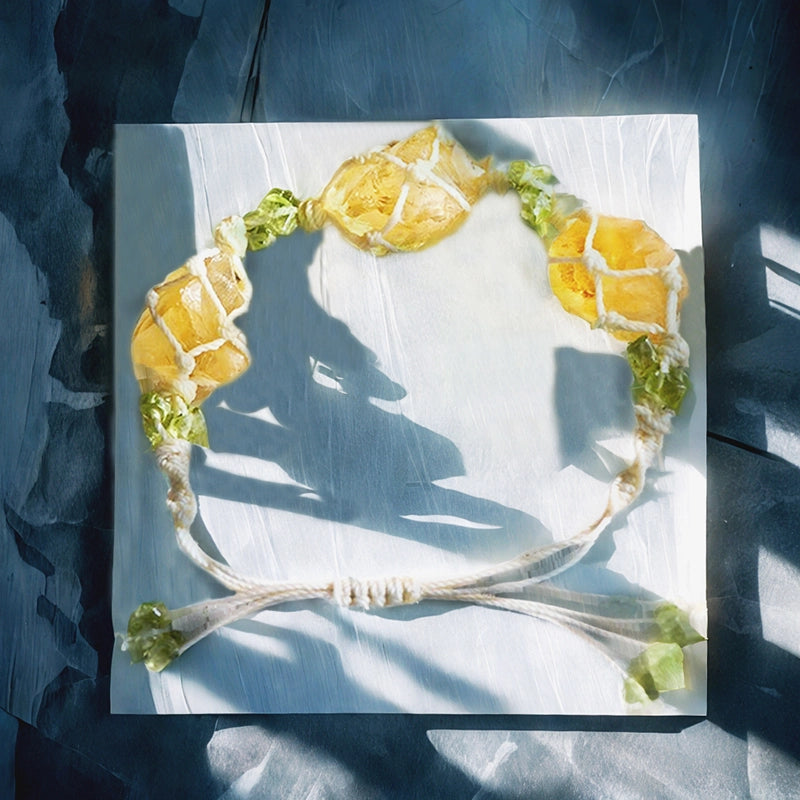 Hand-woven 3 raw stone bracelet with fluorite, amethyst, and citrine crystals by Roline Crystal