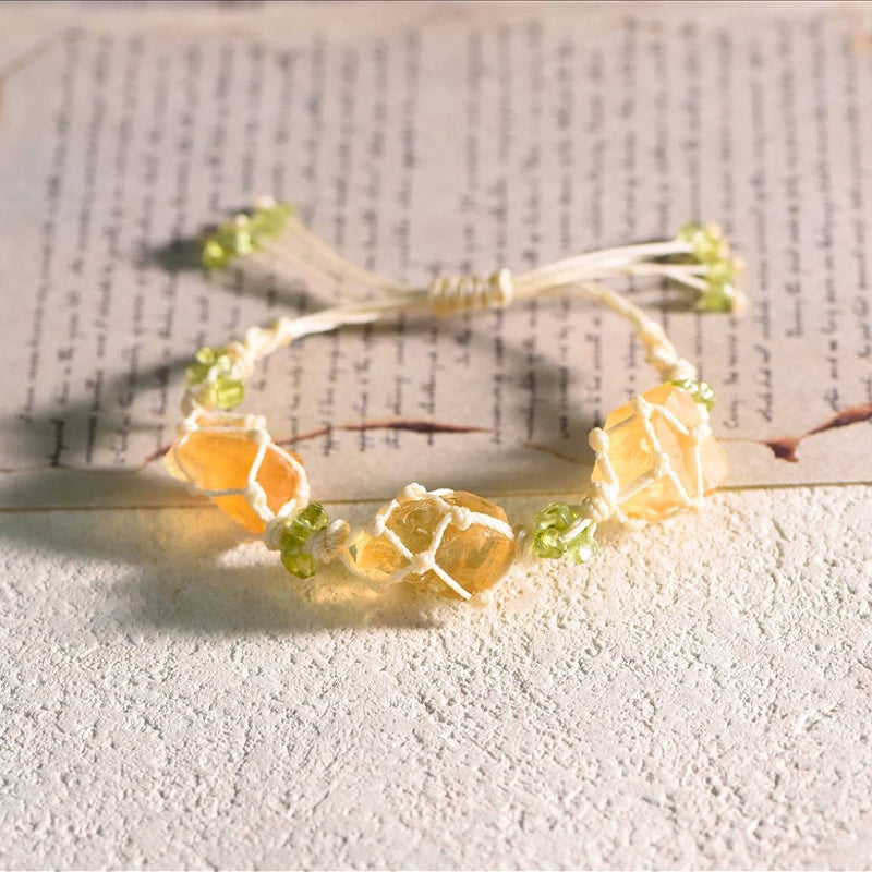 Hand-woven 3 raw stone bracelet with fluorite, amethyst, and citrine crystals by Roline Crystal