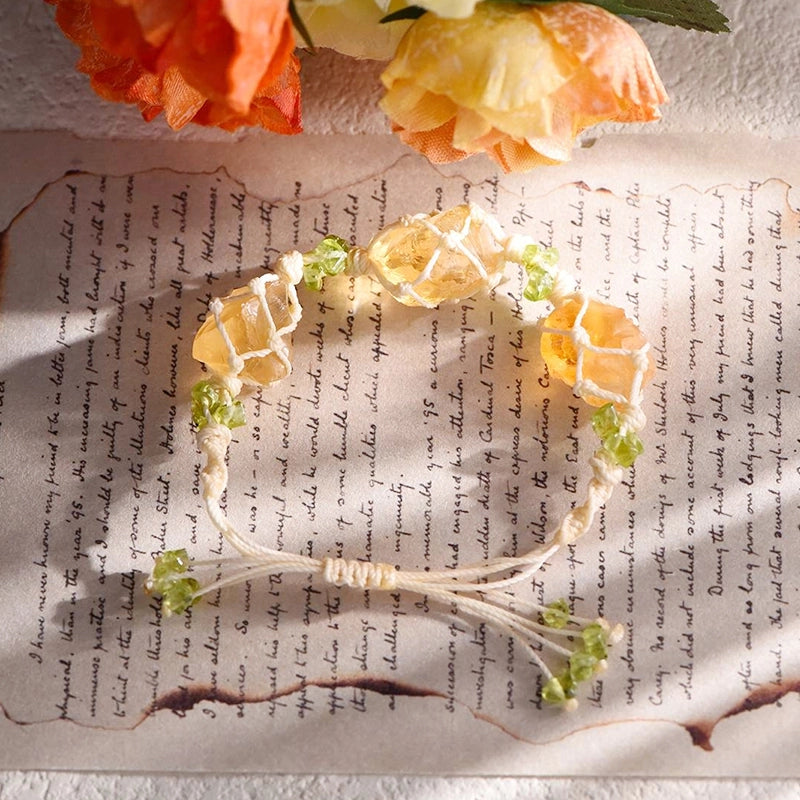 Hand-woven 3 raw stone bracelet with fluorite, amethyst, and citrine crystals by Roline Crystal