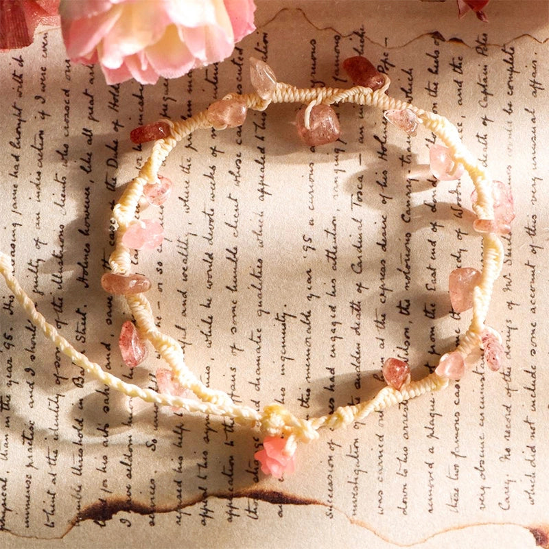 Hand-woven gravel crystal bracelet with peridot, strawberry quartz, citrine, aquamarine, and amethyst by Roline Crystal