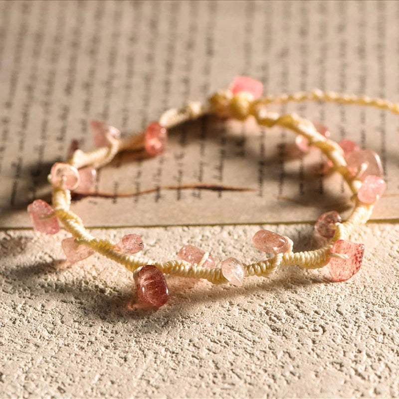 Hand-woven gravel crystal bracelet with peridot, strawberry quartz, citrine, aquamarine, and amethyst by Roline Crystal