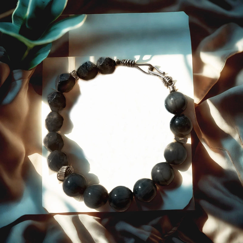 Hawk’s Eye bracelet with Labradorite stones and silver accents – brave exploration crystal jewelry by Roline Crystal