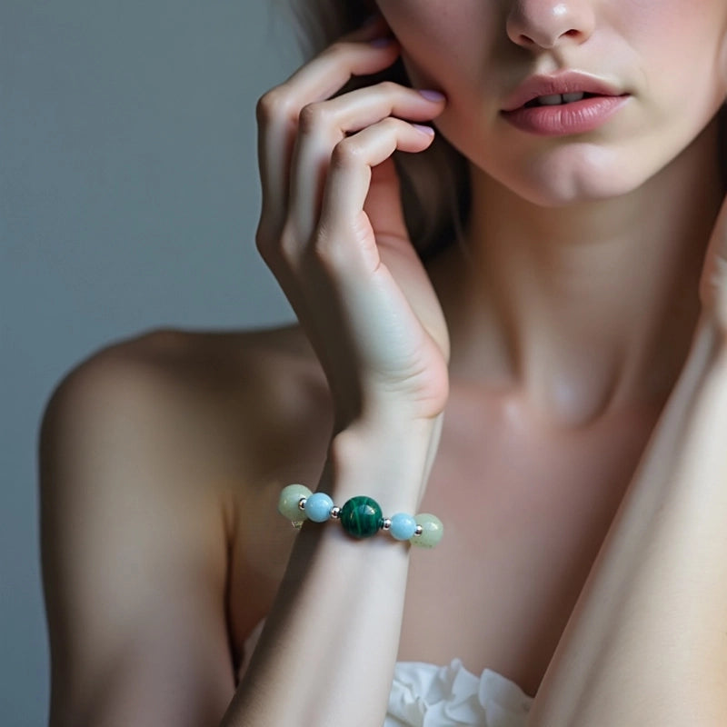 Malachite Study bracelet with Amazonite, Prehnite, and silver accents – focus-enhancing crystal jewelry by Roline Crystal