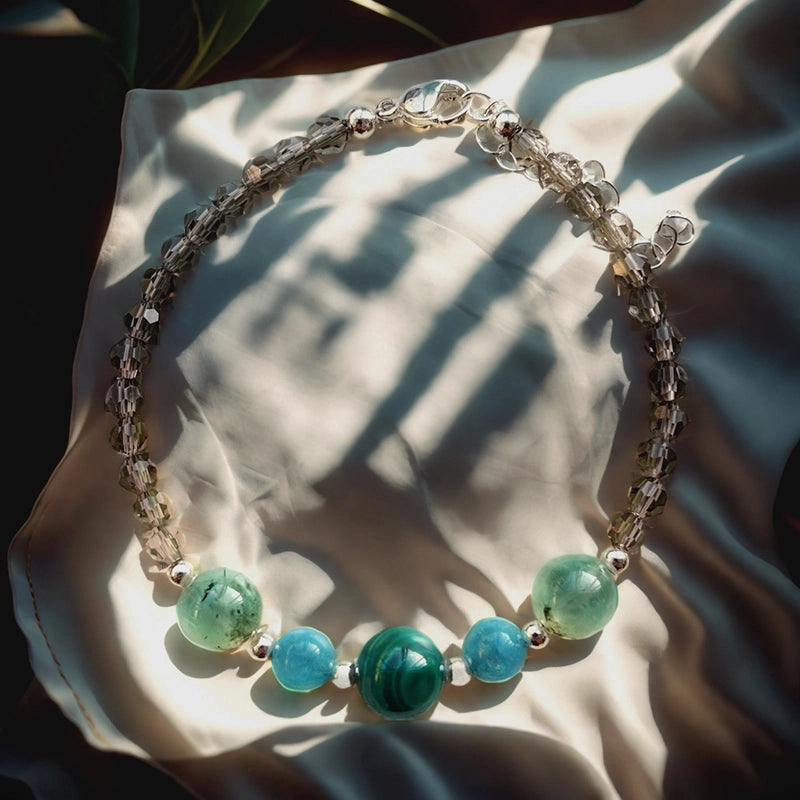 Malachite Study bracelet with Amazonite, Prehnite, and silver accents – focus-enhancing crystal jewelry by Roline Crystal
