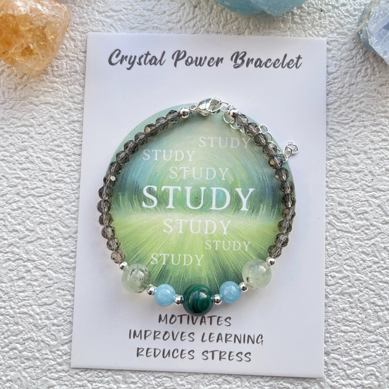 Malachite Study bracelet with Amazonite, Prehnite, and silver accents – focus-enhancing crystal jewelry by Roline Crystal