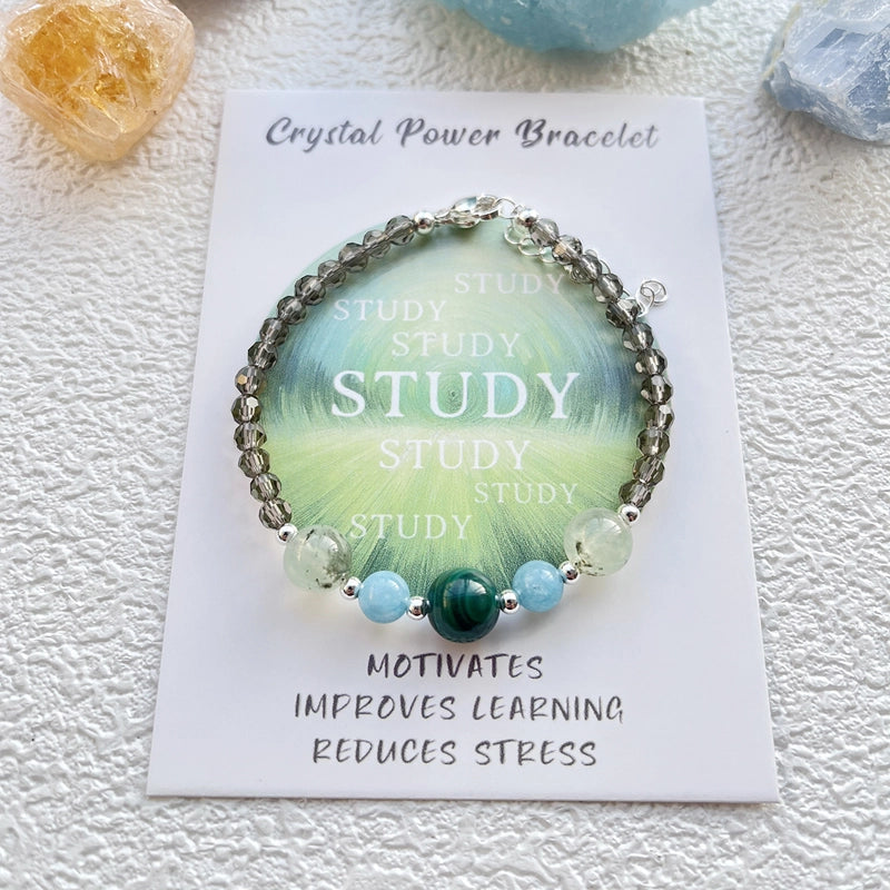 Malachite Study bracelet with Amazonite, Prehnite, and silver accents – focus-enhancing crystal jewelry by Roline Crystal