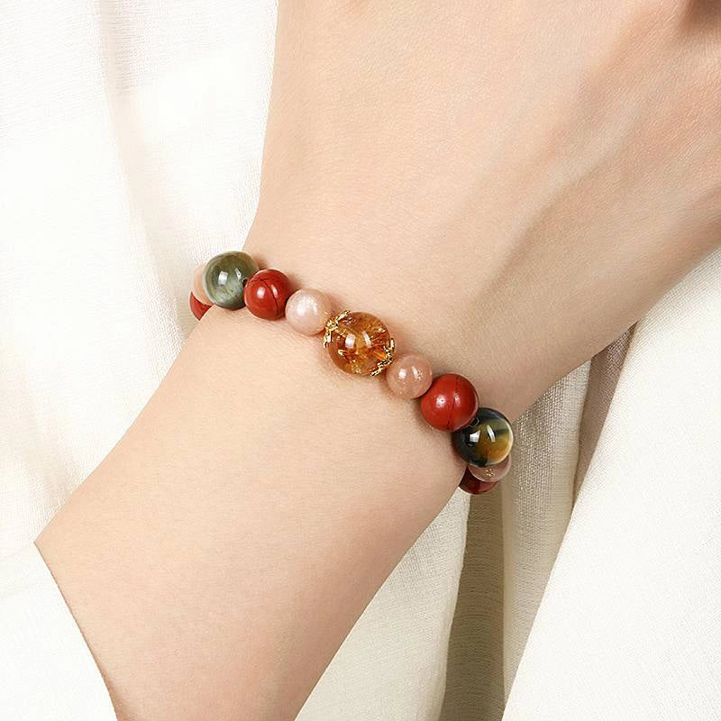 Monet Giverny Garden-inspired Obsidian bracelet with Tiger Eye, Red Jade, Citrine, and gold accents by Roline Crystal