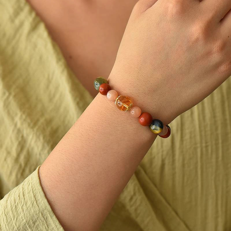 Monet Giverny Garden-inspired Obsidian bracelet with Tiger Eye, Red Jade, Citrine, and gold accents by Roline Crystal