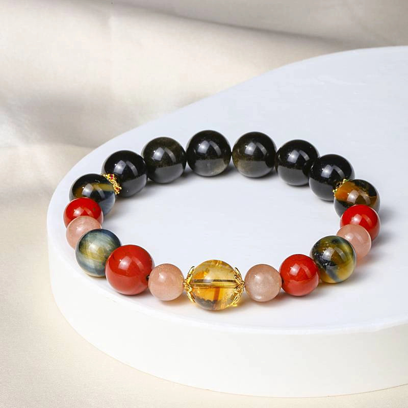 Monet Giverny Garden-inspired Obsidian bracelet with Tiger Eye, Red Jade, Citrine, and gold accents by Roline Crystal