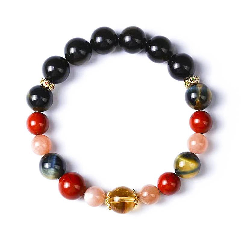 Monet Giverny Garden-inspired Obsidian bracelet with Tiger Eye, Red Jade, Citrine, and gold accents by Roline Crystal
