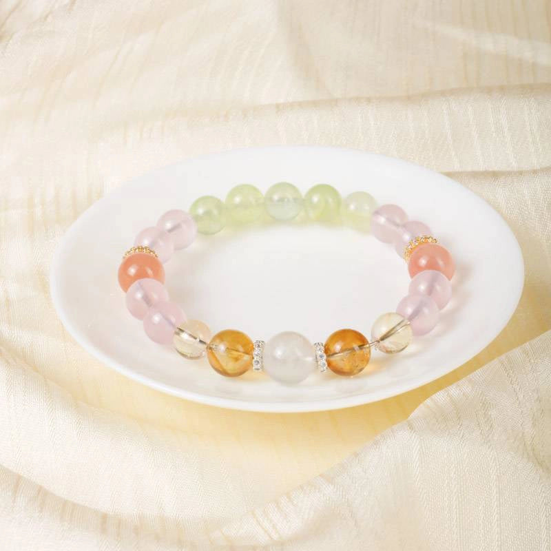 Monet Water Lily-inspired Rose Quartz bracelet with Citrine, Grape Agate, Red Agate, and gold accents by Roline Crystal