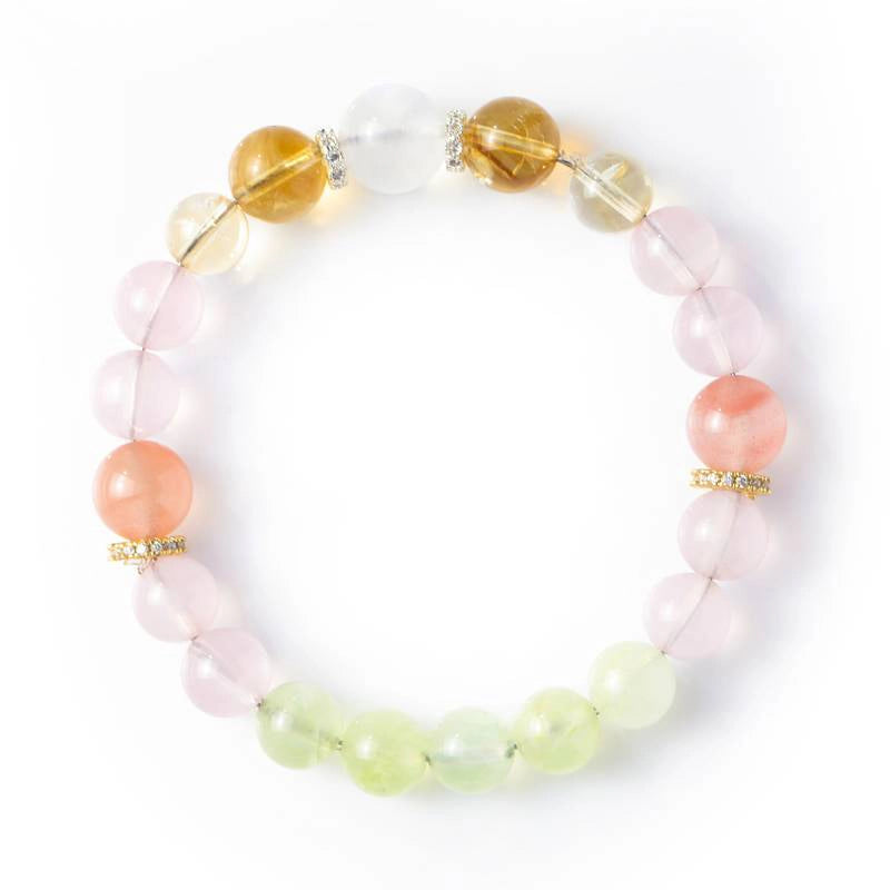 Monet Water Lily-inspired Rose Quartz bracelet with Citrine, Grape Agate, Red Agate, and gold accents by Roline Crystal