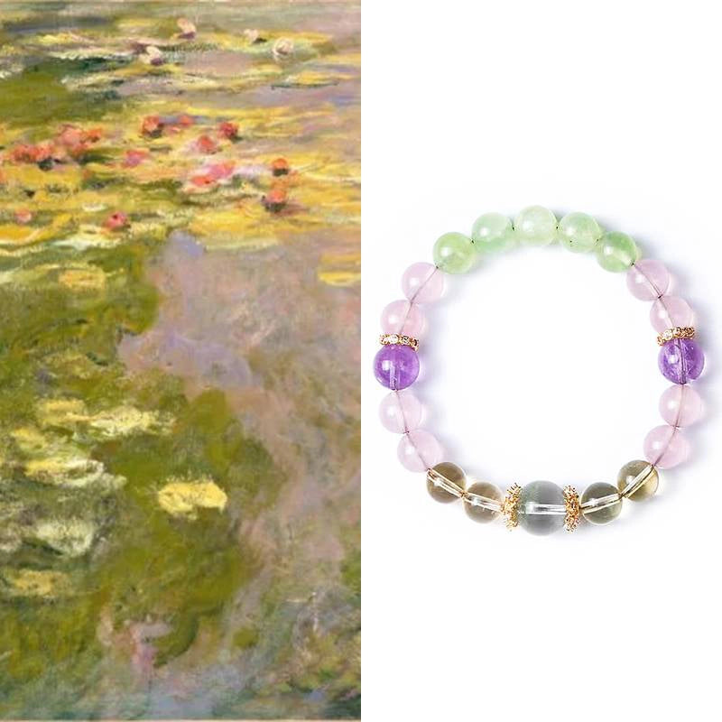 Monet Water Lily-inspired Rose Quartz bracelet with clear quartz, amethyst, grape agate, and gold accents by Roline Crystal