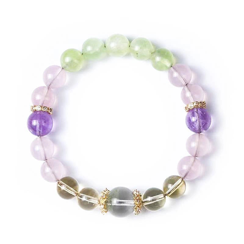 Monet Water Lily-inspired Rose Quartz bracelet with clear quartz, amethyst, grape agate, and gold accents by Roline Crystal