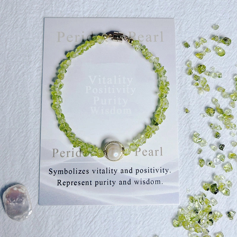 Natural Peridot bead bracelet with pearls and silver accents – organic crystal jewelry by Roline Crystal
