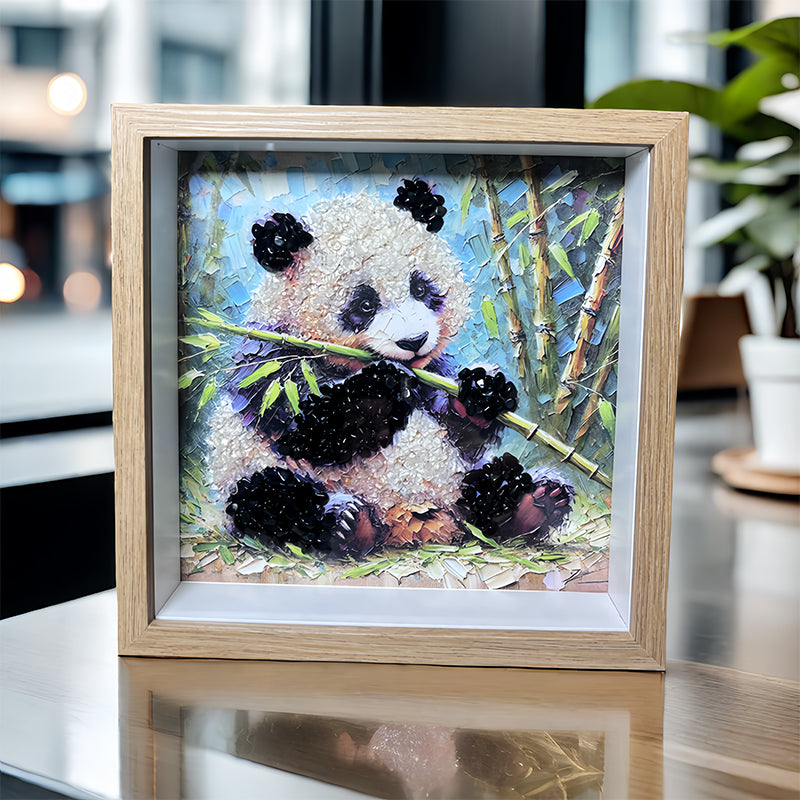 Panda-themed framed crystal art with Clear Quartz and Obsidian stones by Roline Crystal