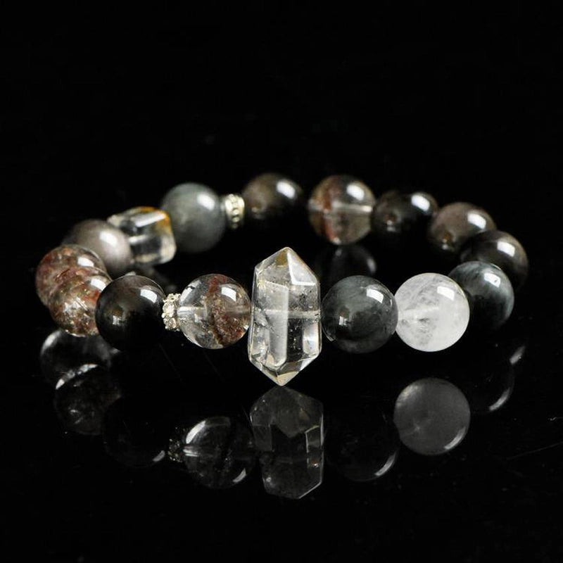 Phantom Quartz bracelet with Silver Sheen Obsidian, Flash Stone points, and silver charms – mystical crystal jewelry by Roline Crystal