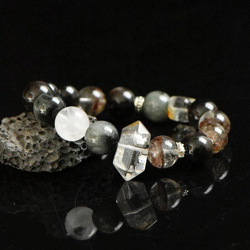 Phantom Quartz bracelet with Silver Sheen Obsidian, Flash Stone points, and silver charms – mystical crystal jewelry by Roline Crystal