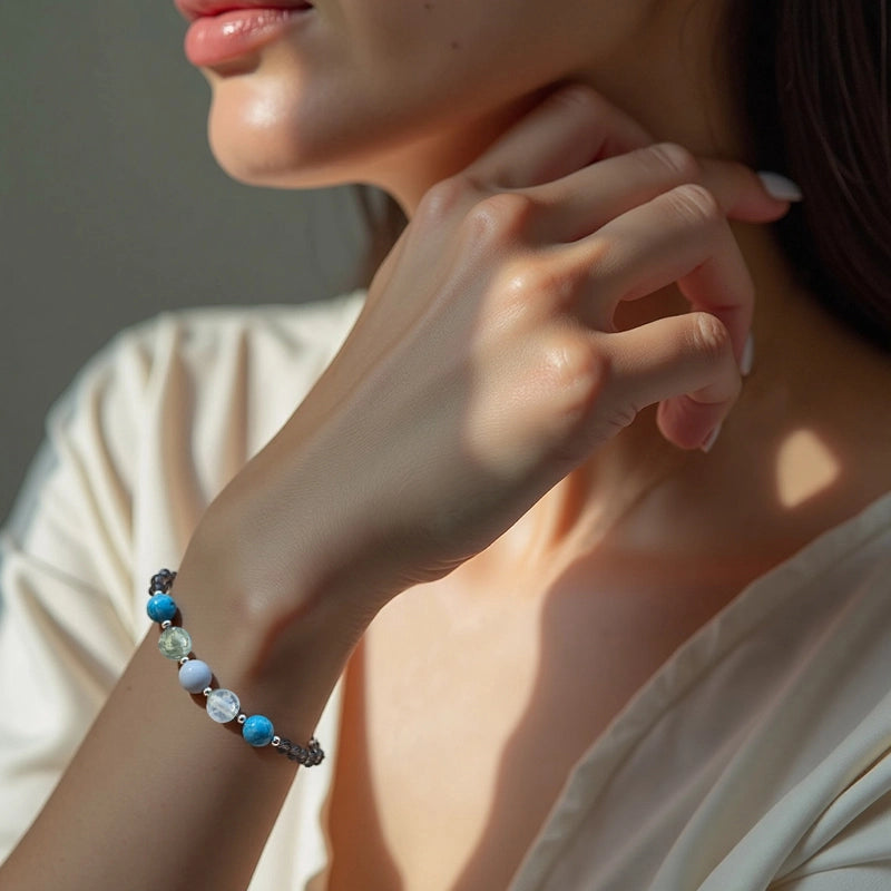 Prehnite Power bracelet with Angelite, Blue Apatite, and silver accents – empowering crystal jewelry by Roline Crystal