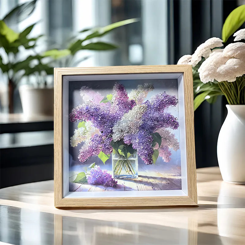 Purple Dream flower-themed framed crystal art with Amethyst and Clear Quartz by Roline Crystal
