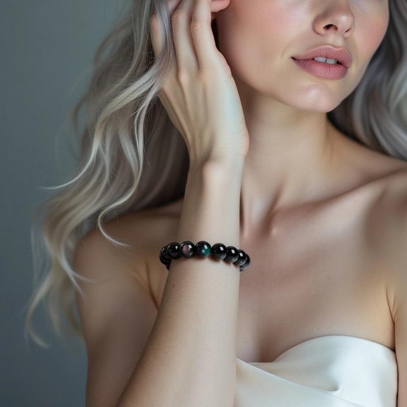 Rainbow Obsidian bracelet with 10mm iridescent beads by Roline Crystal