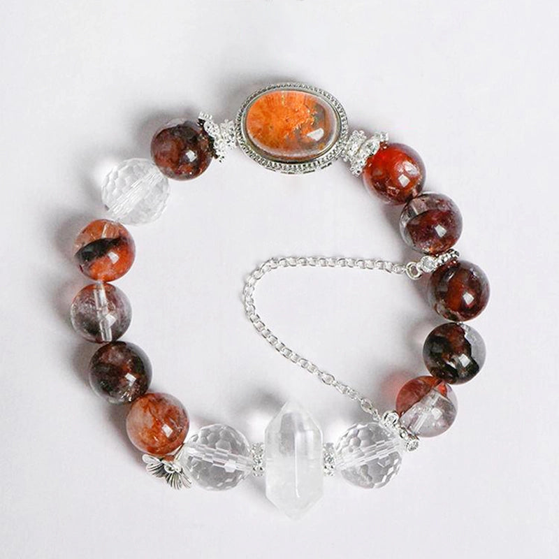 Red Hematoid Quartz bracelet with Clear Quartz columns, Phantom Quartz Magic Box, and silver chain – healing crystal jewelry by Roline Crystal