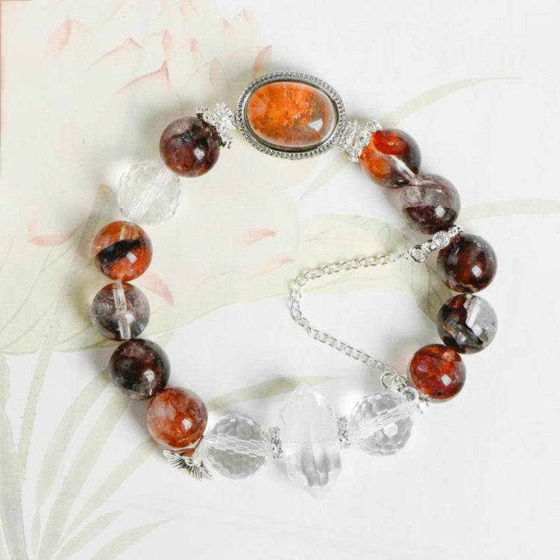 Red Hematoid Quartz bracelet with Clear Quartz columns, Phantom Quartz Magic Box, and silver chain – healing crystal jewelry by Roline Crystal