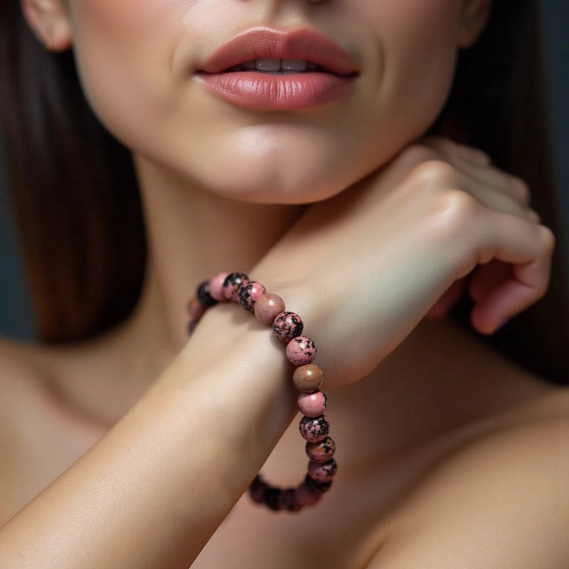 Rhodonite bracelet with pink and black 8mm marbled beads by Roline Crystal