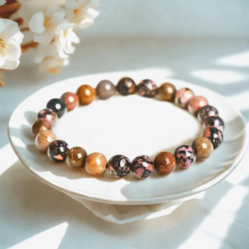 Rhodonite bracelet with pink and black 8mm marbled beads by Roline Crystal