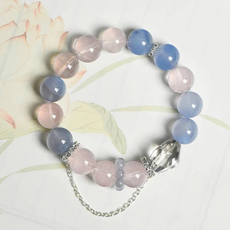 Rose Quartz and Blue Lace Agate bracelet with faceted Clear Quartz and silver chain by Roline Crystal