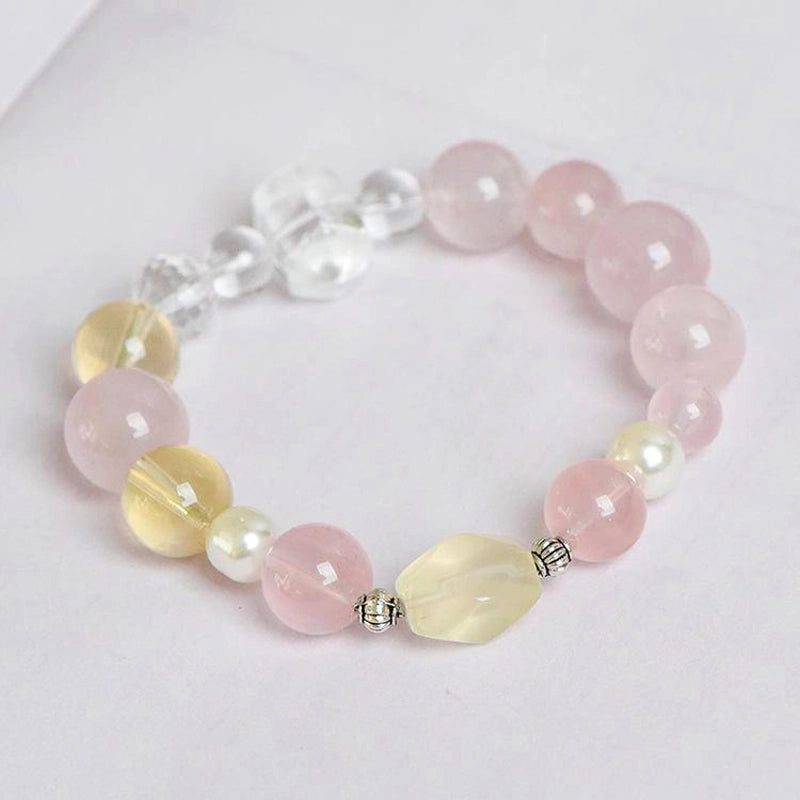 Rose Quartz bracelet with Citrine, Clear Quartz points, and pearls by Roline Crystal