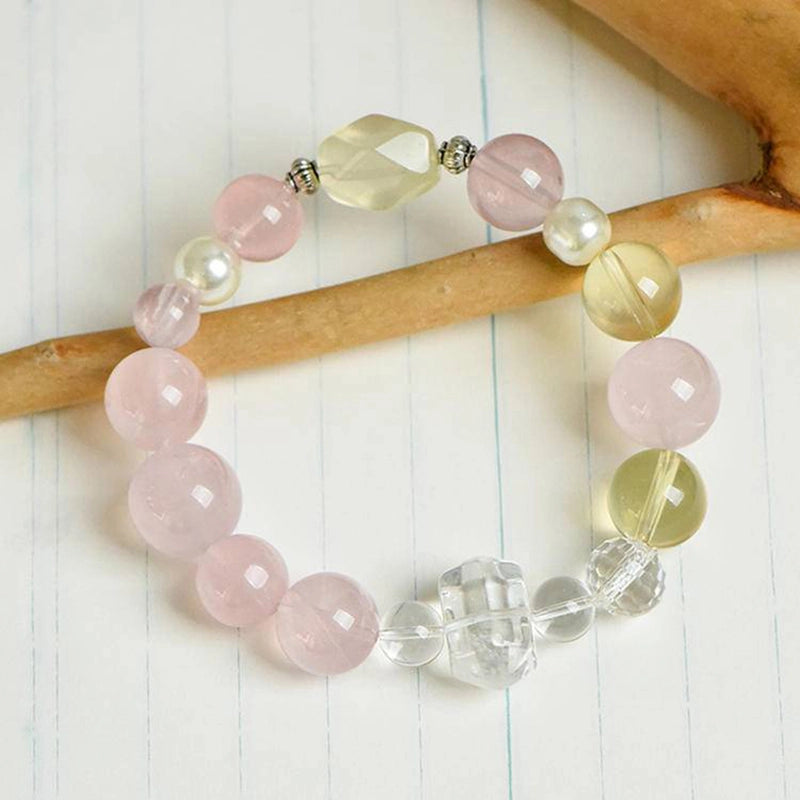 Rose Quartz bracelet with Citrine, Clear Quartz points, and pearls by Roline Crystal