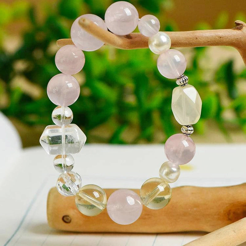 Rose Quartz bracelet with Citrine, Clear Quartz points, and pearls by Roline Crystal