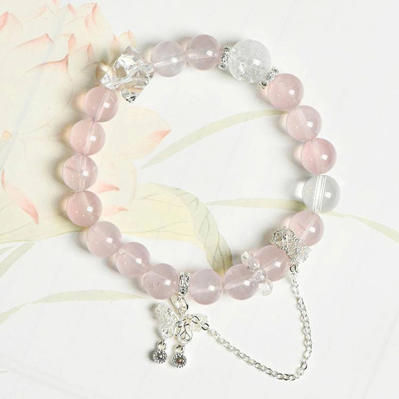 Rose Quartz bracelet with silver butterfly charms, Clear Quartz, and silver chain – healing crystal jewelry by Roline Crystal