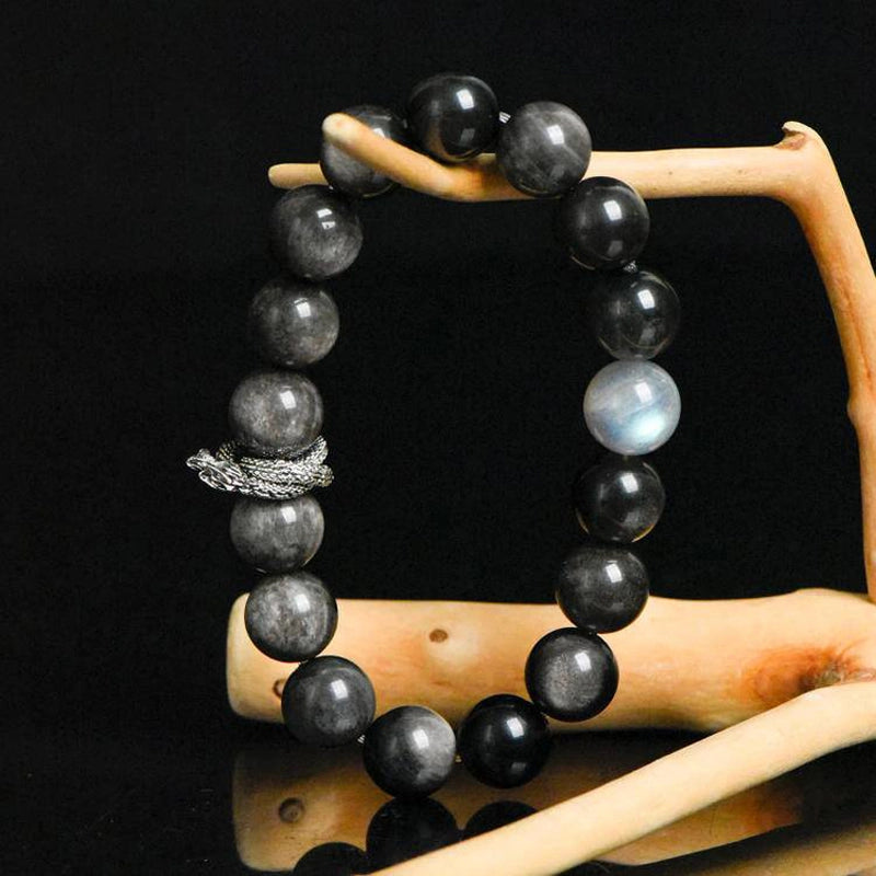 Silver Sheen Obsidian bracelet with Grey Moonstone and serpent charm – mystical protection jewelry by Roline Crystal