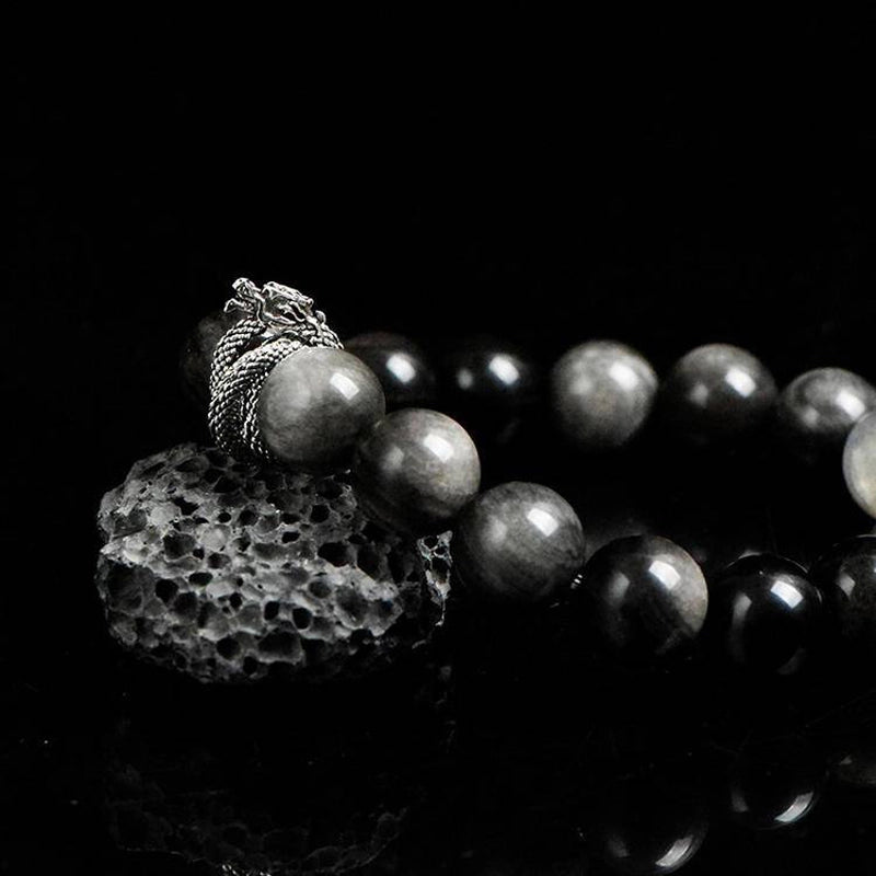 Silver Sheen Obsidian bracelet with Grey Moonstone and serpent charm – mystical protection jewelry by Roline Crystal