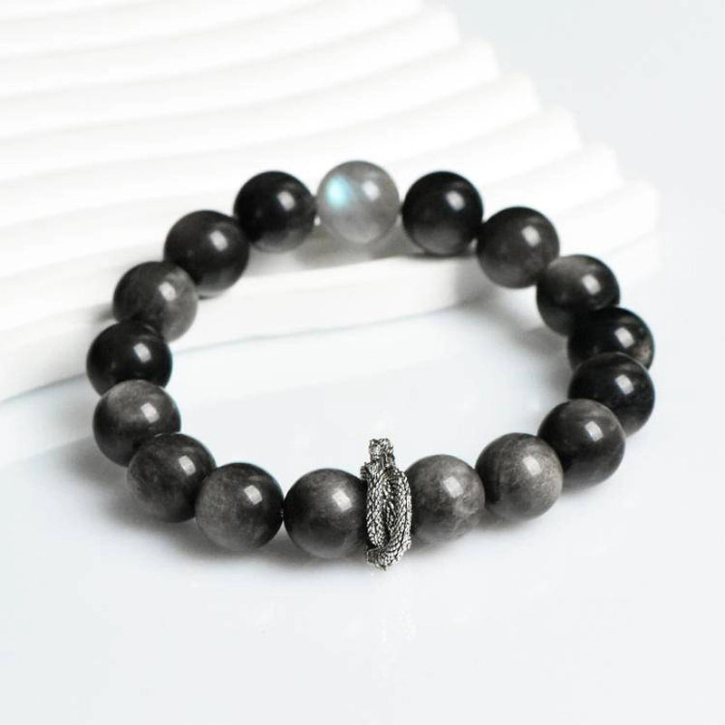 Silver Sheen Obsidian bracelet with Grey Moonstone and serpent charm – mystical protection jewelry by Roline Crystal