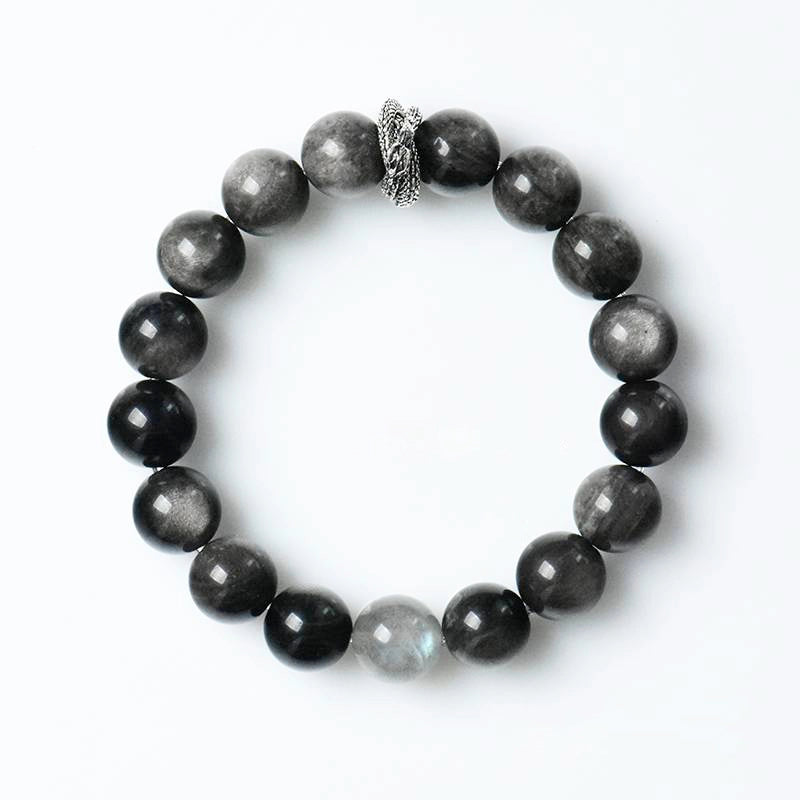 Silver Sheen Obsidian bracelet with Grey Moonstone and serpent charm – mystical protection jewelry by Roline Crystal