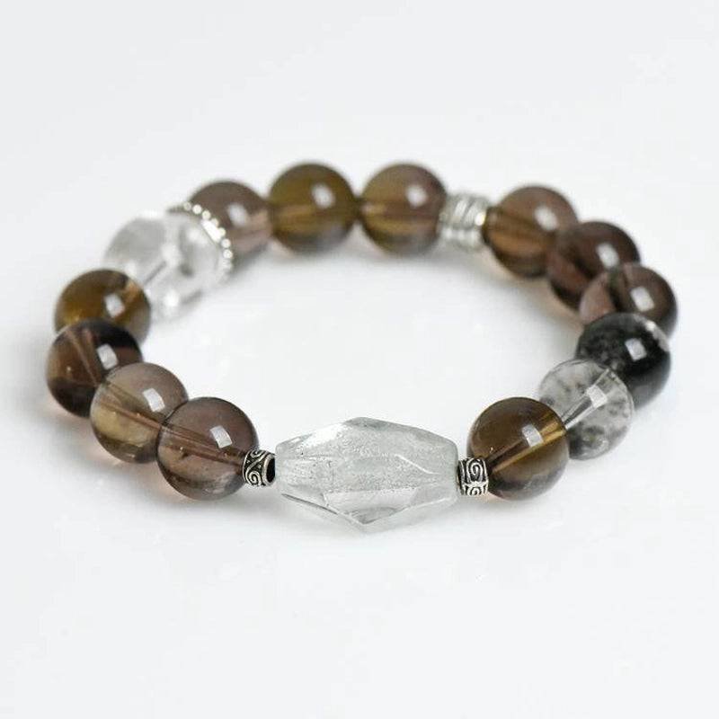 Smoky Quartz bracelet with Phantom Quartz, Clear Quartz, and silver charms – grounding crystal jewelry by Roline Crystal