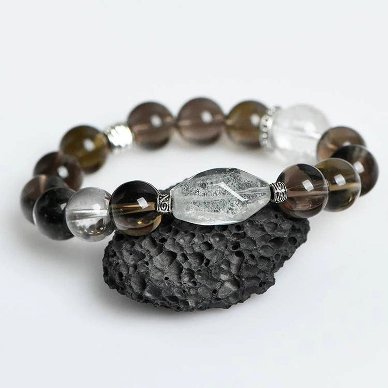 Smoky Quartz bracelet with Phantom Quartz, Clear Quartz, and silver charms – grounding crystal jewelry by Roline Crystal