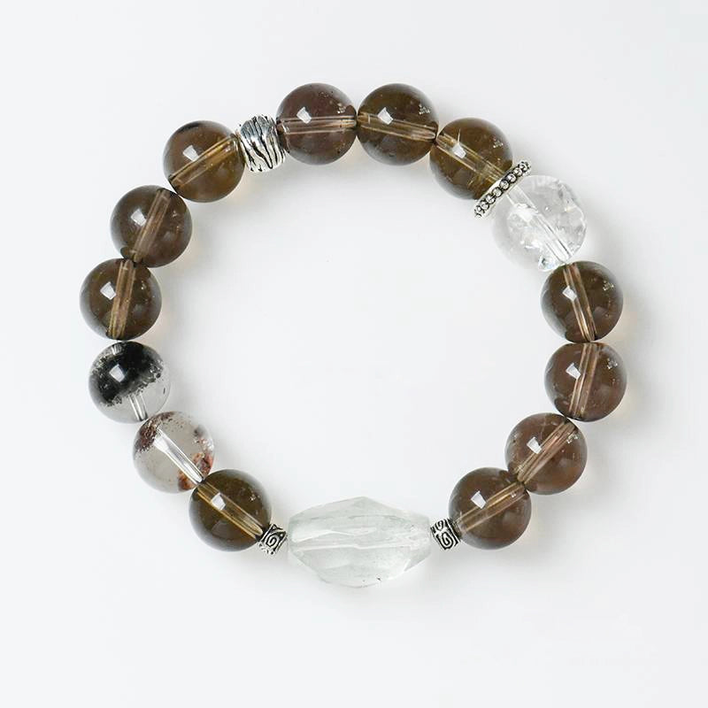 Smoky Quartz bracelet with Phantom Quartz, Clear Quartz, and silver charms – grounding crystal jewelry by Roline Crystal
