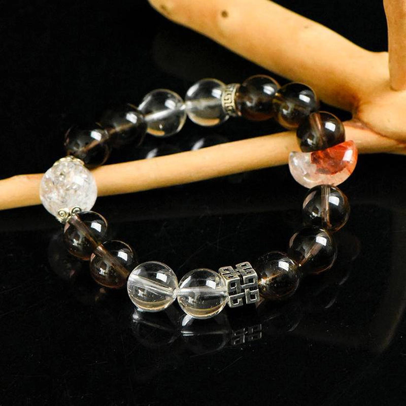 Smoky Quartz bracelet with Red Hematoid Quartz Moon, Clear Quartz, and silver charms – protective crystal jewelry by Roline Crystal