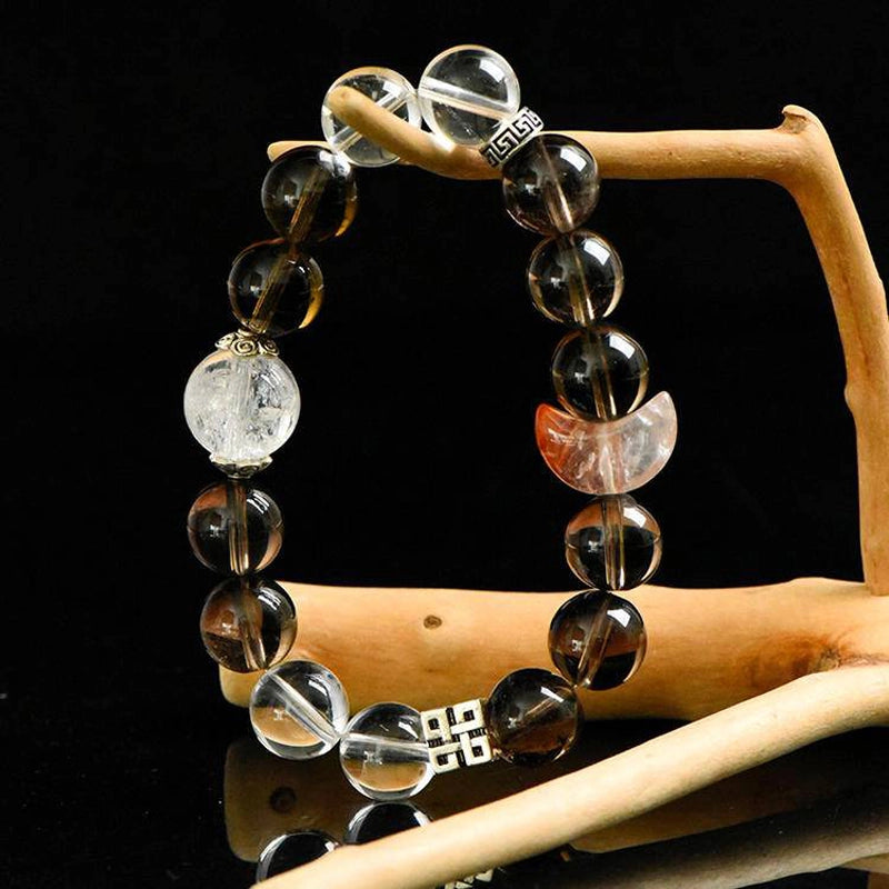 Smoky Quartz bracelet with Red Hematoid Quartz Moon, Clear Quartz, and silver charms – protective crystal jewelry by Roline Crystal
