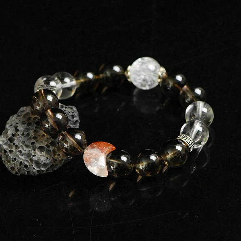 Smoky Quartz bracelet with Red Hematoid Quartz Moon, Clear Quartz, and silver charms – protective crystal jewelry by Roline Crystal