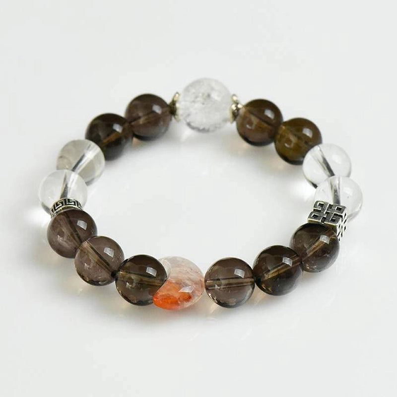 Smoky Quartz bracelet with Red Hematoid Quartz Moon, Clear Quartz, and silver charms – protective crystal jewelry by Roline Crystal
