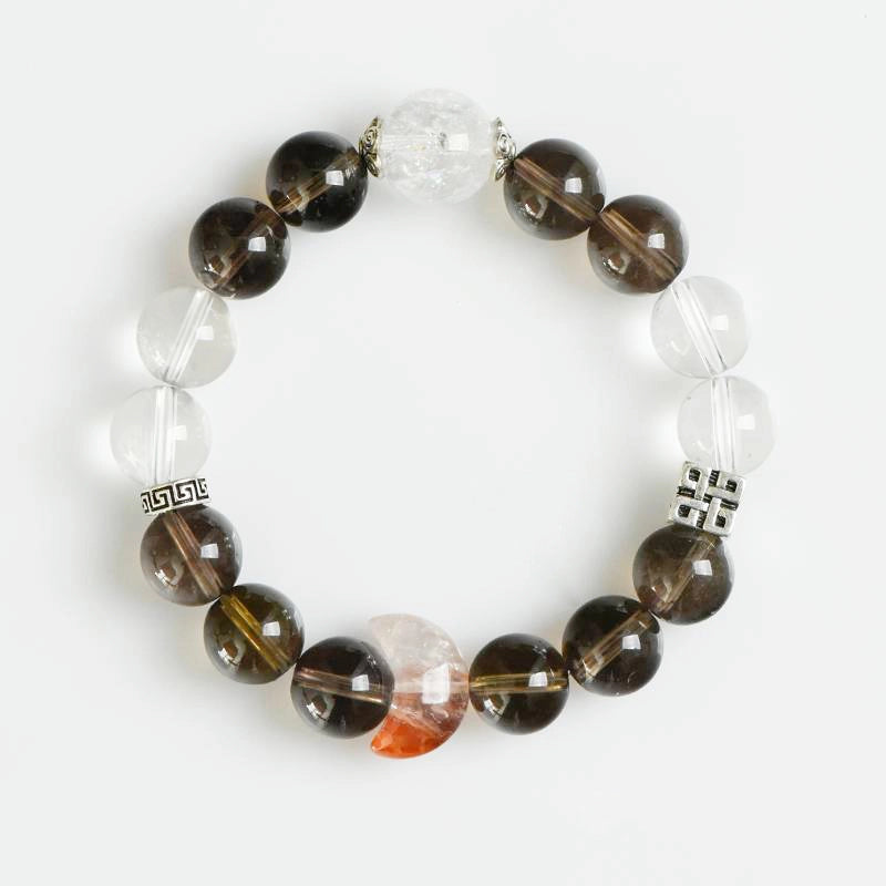Smoky Quartz bracelet with Red Hematoid Quartz Moon, Clear Quartz, and silver charms – protective crystal jewelry by Roline Crystal