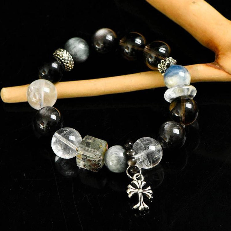 Smoky Quartz bracelet with Silver Sheen Obsidian, Clear Quartz, Phantom Quartz, and silver cross charm – spiritual crystal jewelry by Roline Crystal