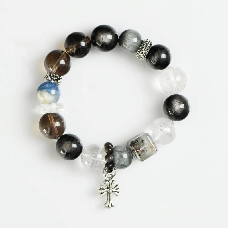 Smoky Quartz bracelet with Silver Sheen Obsidian, Clear Quartz, Phantom Quartz, and silver cross charm – spiritual crystal jewelry by Roline Crystal