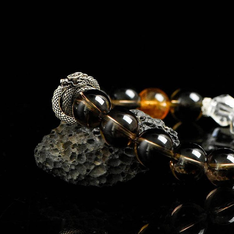 Smoky Quartz bracelet with faceted Clear Quartz, Citrine, and silver charms – grounding crystal jewelry by Roline Crystal