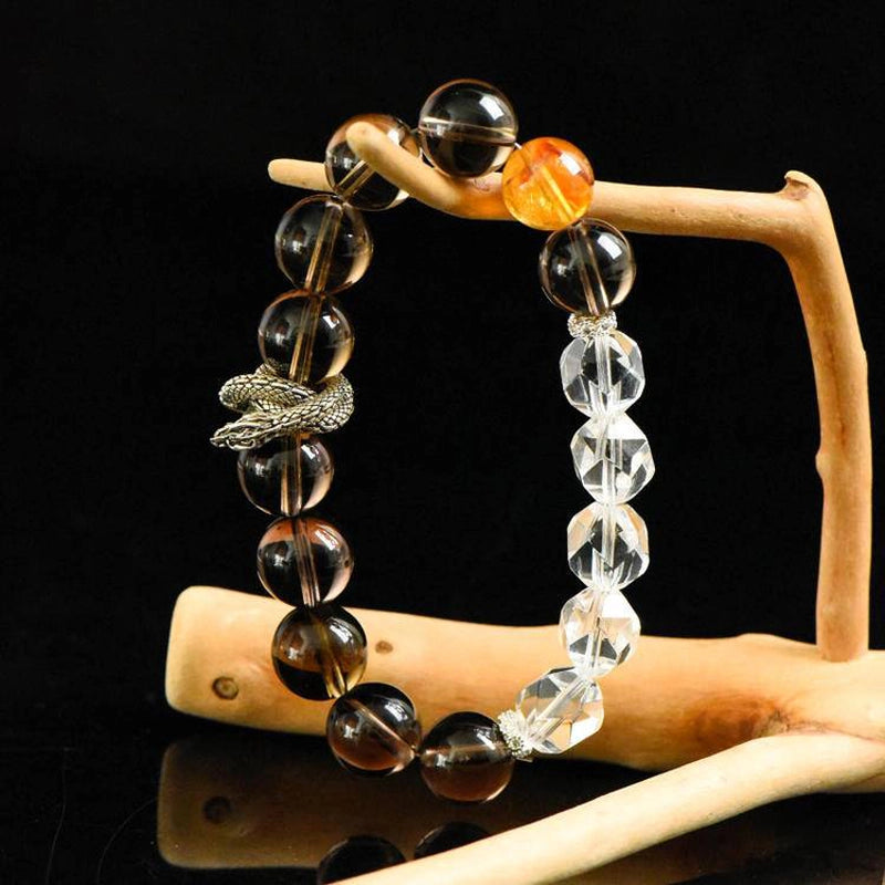 Smoky Quartz bracelet with faceted Clear Quartz, Citrine, and silver charms – grounding crystal jewelry by Roline Crystal